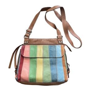 Fossil Patchwork Rainbow Stripe Leather Crossbody Multicolor Women Handbag